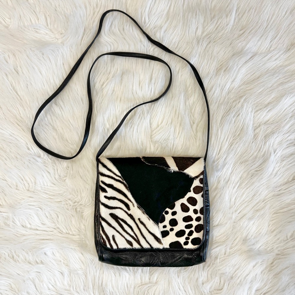Carlos Falchi Vintage Animal Print Hair on Hide Leather Crossbody Bag Black